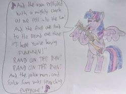 Size: 624x468 | Tagged: safe, artist:mr.myoozik, derpibooru exclusive, imported from derpibooru, twilight sparkle, alicorn, pony, anniversary art, band on the run, bipedal, blue hair, eyes closed, female, guitar, happy, horn, lyrics, magical mystery cure tenth anniversary, mare, musical instrument, paul mccartney & wings, playing instrument, simple background, singing, skunk stripe, solo, song reference, speech bubble, spread wings, tail, text, traditional art, twilight sparkle (alicorn), wings