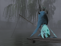 Size: 2083x1555 | Tagged: safe, artist:xafilah, imported from derpibooru, queen chrysalis, changeling, 3d, fishing, fishing rod, fog, gmod, pier, pond, solo, source filmmaker, tree, water