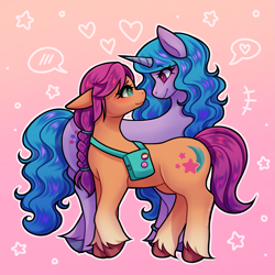 Size: 1747x1747 | Tagged: safe, artist:yippypaws, imported from derpibooru, izzy moonbow, sunny starscout, earth pony, pony, unicorn, duo, female, g5, gradient background, izzy is tol, izzyscout, lesbian, looking at each other, looking at someone, shipping