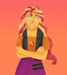 Size: 800x899 | Tagged: safe, artist:maiadrawing, imported from derpibooru, sunset shimmer, human, equestria girls, female, gradient background, smiling, solo