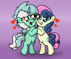 Size: 1842x1543 | Tagged: safe, artist:background basset, imported from derpibooru, bon bon, lyra heartstrings, sweetie drops, pony, unicorn, bipedal, bipedal leaning, duo, duo female, female, gradient background, hearts and hooves day, leaning, lesbian, lyrabon, open mouth, shipping