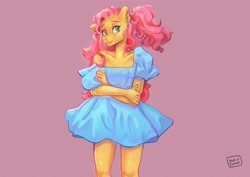 Size: 4096x2896 | Tagged: safe, artist:jaynsparkle, imported from derpibooru, fluttershy, anthro, pegasus, clothes, crossed arms, dress, female, high res, mare, off shoulder, purple background, signature, simple background, solo