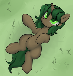 Size: 1976x2052 | Tagged: safe, artist:dumbwoofer, imported from derpibooru, oc, oc:pine shine, pony, unicorn, ear fluff, female, grass, grass field, looking up, lying down, mare, on back, solo