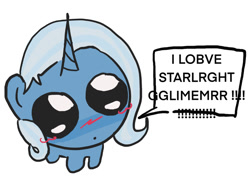 Size: 1185x862 | Tagged: safe, artist:stanleyiffer, imported from derpibooru, trixie, pony, unicorn, blushing, chibi, dialogue, female, implied lesbian, implied shipping, implied startrix, simple background, solo, speech bubble, text, white background