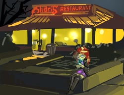 Size: 1145x881 | Tagged: safe, artist:applepost67, imported from derpibooru, sunset shimmer, human, equestria girls, boots, cellphone, cigarette, clothes, female, looking at something, looking down, phone, restaurant, shoes, skirt, smartphone, smoking, socks, solo, thigh boots, thigh highs