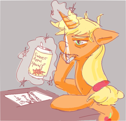 Size: 645x620 | Tagged: safe, artist:applepost67, imported from derpibooru, applejack, alicorn, pony, alcohol, alicornified, apple cider, applecorn, bags under eyes, cigarette, female, floppy ears, glowing, glowing horn, gray background, horn, levitation, magic, magic aura, mare, race swap, simple background, smoking, soda can, solo, telekinesis