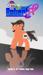 Size: 1704x2997 | Tagged: safe, artist:epsipeppower, imported from derpibooru, oc, oc only, oc:robertapuddin, equal cutie mark, fake cutie mark, messy hair, poster, raised hoof, reflection, release date, roberta the origin, solo, transgender, transgender oc, walking, wip, worried