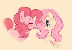 Size: 1600x1102 | Tagged: safe, artist:tamabel, imported from derpibooru, fluttershy, pinkie pie, earth pony, pegasus, pony, :p, cute, diapinkes, duo, duo female, eyes closed, female, mare, raspberry, shipping fuel, shyabetes, simple background, smiling, tongue out, yellow background