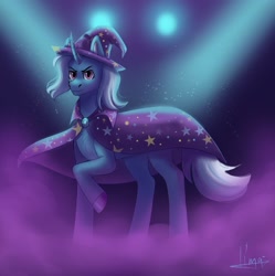 Size: 1357x1363 | Tagged: safe, artist:lima-laym, imported from derpibooru, trixie, pony, unicorn, cape, clothes, curved horn, female, hat, horn, looking at you, mare, raised hoof, smiling, smoke, solo, spotlight, trixie's cape, trixie's hat