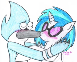 Size: 992x806 | Tagged: safe, artist:whitearcanine, imported from derpibooru, dj pon-3, vinyl scratch, bird, blue jay, pony, unicorn, blushing, crack shipping, crossover, crossover shipping, embrace, every day we stray further from god's light, eyes closed, kissing, mordecai, regular show, shipping, sketch, sunglasses