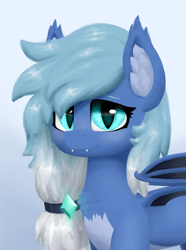 Size: 1858x2499 | Tagged: safe, artist:azzyaurelian, imported from derpibooru, oc, oc only, oc:meadow mist, bat pony, pony, chest fluff, cute, ear fluff, fangs, gem, gradient background, looking at you, partially open wings, simple background, solo, two toned mane, wings
