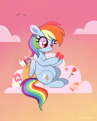 Size: 2400x3000 | Tagged: safe, artist:darkynez, imported from derpibooru, rainbow dash, pegasus, pony, blushing, card, cloud, flower, heart, letter, pink sky, plushie, rose, sitting