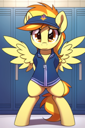 Size: 512x768 | Tagged: safe, imported from derpibooru, spitfire, pegasus, pony, semi-anthro, ai content, ai generated, bipedal, clothes, female, generator:novelai, generator:stable diffusion, hooves behind back, jacket, locker room, mare, short sleeves, solo, visor