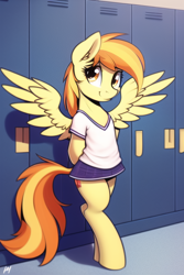 Size: 512x768 | Tagged: safe, imported from derpibooru, spitfire, pegasus, pony, semi-anthro, ai content, ai generated, bipedal, clothes, female, generator:novelai, generator:stable diffusion, hooves behind back, locker room, mare, pleated skirt, shirt, skirt, solo