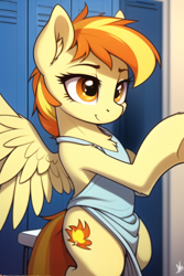 Size: 512x768 | Tagged: safe, imported from derpibooru, spitfire, pegasus, pony, semi-anthro, ai content, ai generated, alternate cutie mark, backless, bipedal, chest fluff, clothes, female, generator:novelai, generator:stable diffusion, locker room, mare, seat, shirt, solo, tanktop, wrong cutie mark