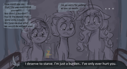 Size: 1263x692 | Tagged: safe, anonymous artist, imported from derpibooru, part of a set, hitch trailblazer, izzy moonbow, sunny starscout, zipp storm, earth pony, pegasus, pony, unicorn, series:anorexic sunny, anorexia, bed, concerned, crying, female, food, g5, group, hospital, hospital bed, implied sunny starscout, male, mare, offscreen character, part of a series, pov, quartet, self deprecation, soup, stallion