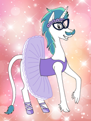 Size: 1500x2009 | Tagged: safe, artist:fabiounicorn, imported from derpibooru, oc, oc:fabio, pony, unicorn, ballerina, ballet slippers, clothes, crossdressing, facial hair, floral head wreath, flower, glasses, grin, male, moustache, smiling, solo, stallion, style emulation, tutu