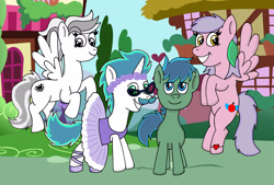 Size: 2500x1692 | Tagged: safe, artist:fabiounicorn, imported from derpibooru, oc, oc:cherry snaps, oc:fabio, oc:lunar fluff, oc:quick kick, earth pony, pegasus, pony, unicorn, ballerina, ballet slippers, clothes, crossdressing, facial hair, floral head wreath, flower, glasses, grin, moustache, smiling, tutu