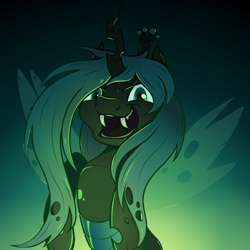 Size: 1000x1000 | Tagged: safe, artist:candy meow, imported from derpibooru, queen chrysalis, changeling, changeling queen, >:d, bipedal, crown, evil grin, fangs, female, gradient background, grin, jewelry, regalia, simple background, smiling, solo, spread wings, wings