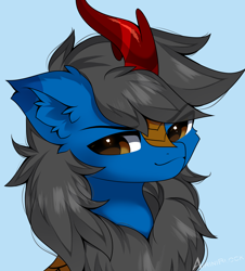 Size: 2376x2629 | Tagged: safe, artist:airiniblock, imported from derpibooru, oc, oc only, oc:harvest duran, kirin, blue background, bust, cyan background, ear fluff, kirin oc, rcf community, simple background, solo