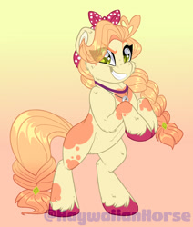 Size: 1600x1888 | Tagged: safe, artist:missbramblemele, imported from derpibooru, oc, oc only, earth pony, pony, bandana, bipedal, braid, colored hooves, female, gradient background, grin, jewelry, looking at you, mare, necklace, rearing, smiling, solo, unshorn fetlocks, watermark