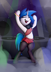 Size: 2480x3510 | Tagged: safe, artist:andelai, imported from derpibooru, dj pon-3, vinyl scratch, semi-anthro, unicorn, clothes, dj booth, eyes closed, glow rings, headphones, leggings, open mouth, open smile, pantyhose, shorts, smiling, solo, speaker, turntable, wide hips