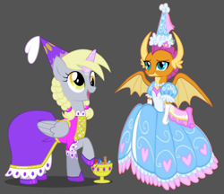 Size: 1068x924 | Tagged: safe, imported from derpibooru, derpy hooves, smolder, dragon, pegasus, pony, beautiful, candy, clothes, cute, dragoness, dress, duo, duo female, female, food, froufrou glittery lacy outfit, hat, hennin, pretty, princess, princess derpy, princess smolder, smolderbetes
