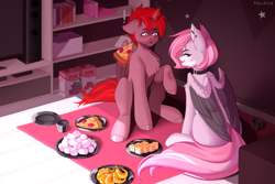 Size: 3000x2000 | Tagged: safe, artist:villjulie, imported from derpibooru, oc, oc:hardy, oc:julie, alicorn, pegasus, pony, shrimp, :p, alicorn oc, blushing, book, bookshelf, box, chest fluff, detailed background, duo, ear piercing, female, food, full body, horn, looking at each other, looking at someone, male, mare, marshmallow, pegasus oc, piercing, pizza, plate, shelves, stallion, surprised, sushi, television, tongue out, wings