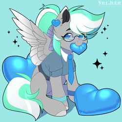 Size: 2000x2000 | Tagged: safe, artist:villjulie, imported from derpibooru, oc, oc only, oc:shirley flow, pegasus, pony, colored wings, female, g5, g5 oc, glasses, heart, hearts and hooves day, jewelry, mare, multicolored hair, multicolored wings, necktie, oda 1997, oda 997, pegasus oc, solo, wings