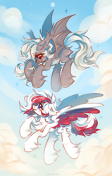 Size: 3724x5873 | Tagged: safe, artist:vanilla-chan, imported from derpibooru, oc, oc:gold rain, oc:red wine, bat pony, pegasus, pony, bat pony oc, colored wings, digital art, duo, duo female, female, flying, pegasus oc, tail, two toned mane, two toned tail, two toned wings, wings