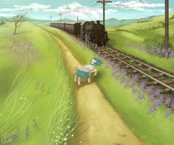 Size: 1600x1331 | Tagged: safe, artist:charlieschiffer, artist:p i k i n a s 13, imported from derpibooru, oc, oc only, oc:vinyl dask, pegasus, pony, grass, grass field, power line, scenery, solo, tail, train, train tracks, windswept hair, windswept mane, windswept tail