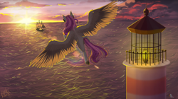 Size: 2496x1402 | Tagged: safe, artist:charlieschiffer, artist:p i k i n a s 13, imported from derpibooru, oc, oc only, pegasus, pony, flying, lighthouse, ocean, pegasus oc, ship, solo, spread wings, sun, water, wings