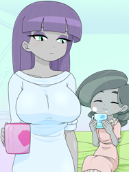 Size: 1668x2224 | Tagged: safe, artist:batipin, imported from derpibooru, marble pie, maud pie, human, equestria girls, bed, big breasts, breasts, busty maud pie, duo, eyes closed, female, mug, sitting