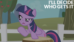 Size: 2000x1125 | Tagged: safe, edit, edited screencap, editor:quoterific, imported from derpibooru, screencap, twilight sparkle, pony, unicorn, the ticket master, apple, apple tree, fence, solo, tree, tree stump, unicorn twilight