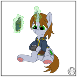 Size: 2000x2000 | Tagged: safe, artist:dice-warwick, imported from derpibooru, oc, oc only, oc:littlepip, pony, unicorn, fallout equestria, canteen, clothes, female, freckles, frog (hoof), jumpsuit, magic, mare, pipbuck, simple background, sitting, solo, transparent background, underhoof, vault suit