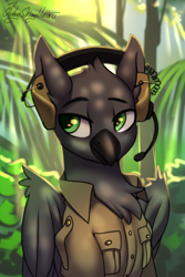 Size: 2000x3000 | Tagged: safe, artist:jedayskayvoker, imported from derpibooru, oc, oc only, oc:eepy, griffon, beak, bust, chest fluff, clothes, colored sketch, commission, eared griffon, green eyes, griffon oc, headphones, icon, jungle, lidded eyes, male, scenery, shirt, sketch, solo