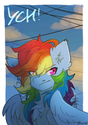 Size: 2480x3508 | Tagged: safe, artist:sinrinf, imported from derpibooru, rainbow dash, pegasus, pony, cheek fluff, chest fluff, commission, ear fluff, eye clipping through hair, fluffy, postcard, sky, smiling, smirk, solo, wires, ych example, your character here