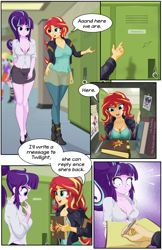 Size: 2685x4156 | Tagged: safe, artist:awalex, artist:mlp-cam, imported from derpibooru, starlight glimmer, sunset shimmer, human, comic:equestria girls curse and madness, equestria girls, breasts, busty starlight glimmer, busty sunset shimmer, cleavage, comic, dialogue, lockers, speech bubble