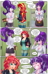 Size: 2685x4156 | Tagged: safe, artist:awalex, artist:mlp-cam, imported from derpibooru, starlight glimmer, sunset shimmer, human, comic:equestria girls curse and madness, equestria girls, breasts, cleavage, comic, dialogue, duo, faic, female, grin, smiling, speech bubble