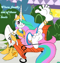 Size: 1153x1212 | Tagged: safe, artist:darienspeyer, artist:zeekthatgeek, imported from derpibooru, princess celestia, alicorn, anthro, barefoot, bench, crown, feet, fetish, foot fetish, foot focus, happy, high heels, jewelry, regalia, shoes, smiling, soles, speech, tail, talking, toes, wiggling toes