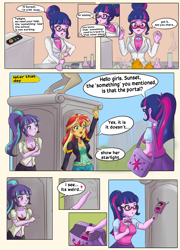 Size: 1440x2000 | Tagged: safe, artist:feudal-fiction, artist:mlp-cam, imported from derpibooru, sci-twi, starlight glimmer, sunset shimmer, twilight sparkle, human, comic:equestria girls curse and madness, equestria girls, breasts, busty starlight glimmer, cleavage, comic, dialogue, female, speech bubble, trio