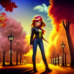 Size: 1536x1536 | Tagged: safe, generator:pony soup v1, imported from derpibooru, sunset shimmer, human, equestria girls, ai assisted, ai content, autumn, boots, clothes, denim, generator:stable diffusion, humanized, jacket, jeans, lamppost, leather jacket, pants, park, prompter:siber, scenery, shoes, sky, solo, sun, tree