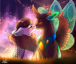 Size: 1279x1071 | Tagged: safe, artist:malinraf1615, imported from derpibooru, oc, oc only, oc:dragonfly, oc:forest falls, changepony, hybrid, kirin, pony, female, male, mare, nuzzling