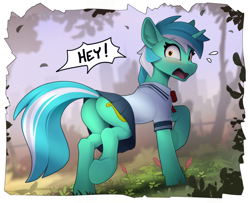 Size: 2400x1948 | Tagged: safe, artist:yakovlev-vad, imported from derpibooru, lyra heartstrings, pony, unicorn, blushing, butt, clothes, cute, female, forest, looking at you, looking back, looking back at you, lyrabetes, lyrebutt, mare, open mouth, plot, raised hoof, sailor uniform, school uniform, skirt, solo, tail, tail upskirt, underhoof, uniform, upskirt, we don't normally wear clothes, wide eyes