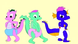 Size: 1280x728 | Tagged: safe, artist:leonxiii, imported from derpibooru, master kenbroath gilspotten heathspike, spike (g1), dragon, claws, commission, cute, diaper, diaper fetish, embarrassed, fetish, g1, g1 spikabetes, g2, g2 spikabetes, g3, g3 spikabetes, generational ponidox, grump, hand on hip, knock-kneed, looking back, male, non-baby in diaper, open mouth, rear view, simple background, smiling, spike (g2), tail, tail hole, tan background, unamused, wings, zip-zip