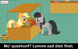 Size: 1920x1224 | Tagged: safe, artist:agrol, edit, edited screencap, imported from derpibooru, screencap, applejack, octavia melody, earth pony, pony, comic:celestia's servant interview, apple, aweeg*, bucket, caption, clothes, cs captions, eating, female, food, herbivore, hoof hold, image macro, mare, market, market stall, octavia's birthday, old art, scarf, striped scarf, text