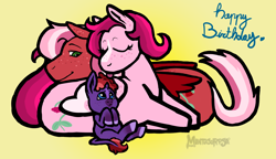 Size: 2858x1643 | Tagged: safe, artist:manticorpse, imported from derpibooru, oc, oc:mulberry wine, oc:raspberry sorbet, oc:strawberry syrup, pegasus, pony, unicorn, baby, baby pony, curved horn, cute, female, foal, folded wings, horn, lesbian, lesbian couple, licking, magenta mane, magical lesbian spawn, mother, mother and child, offspring, pegasus oc, pegasus wings, pink coat, pink mane, product of incest, purple coat, red coat, red mane, siblings, sisters, small horn, toddler, tongue out, unicron, wholesome, wings