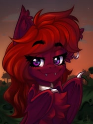 Size: 1200x1600 | Tagged: safe, artist:falafeljake, imported from derpibooru, oc, oc only, oc:gushing pulse, bat pony, pony, bat pony oc, chest fluff, choker, claws, ear fluff, ear piercing, earring, evening, eyebrows, eyebrows visible through hair, eyelashes, fangs, female, jewelry, jungle, looking at you, mare, piercing, smug, stars, wing claws, wings