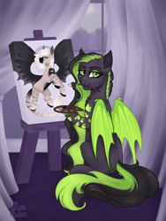 Size: 1500x2000 | Tagged: safe, artist:fanaticpanda, imported from derpibooru, oc, oc:devilvoice, oc:noctem dieva, bat pony, pony, bat pony oc, drawing, easel, paint palette, paintbrush, painting, palette, solo