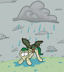 Size: 1280x1423 | Tagged: safe, artist:thunderpibb, imported from derpibooru, oc, oc only, earth pony, pony, cardboard wings, cloud, fake wings, floppy ears, male, outdoors, rain, sad, solo